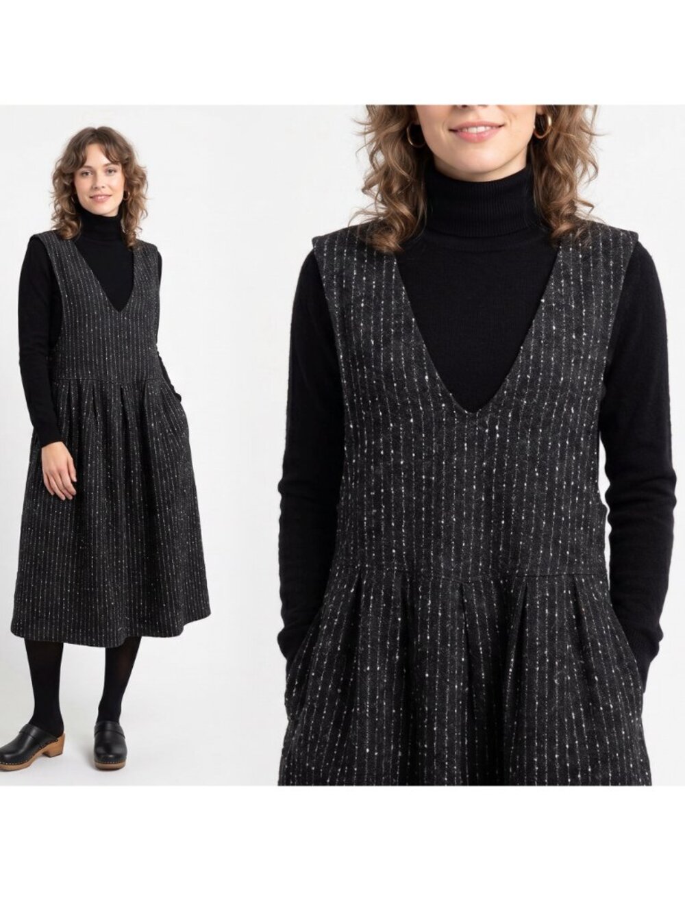Vintage 80s Black Wool Jumper Dress | Oversized Speckled Pinafore w Pockets
